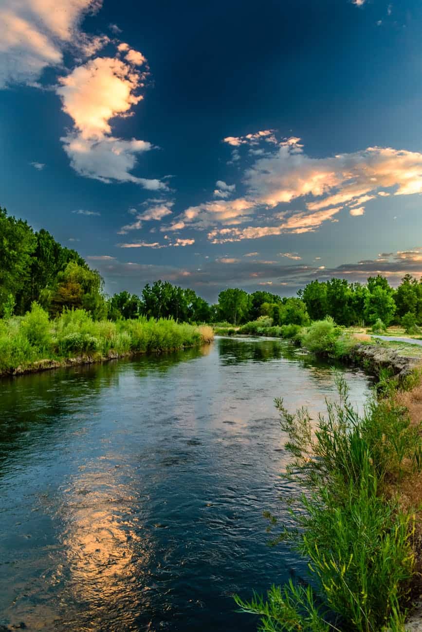 Serene river flowing through lush greenery under a colorful sky at sunset.