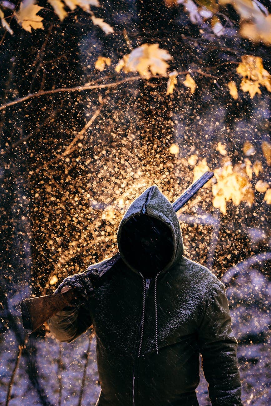 Mysterious hooded figure with axe in a snowy forest at night.
