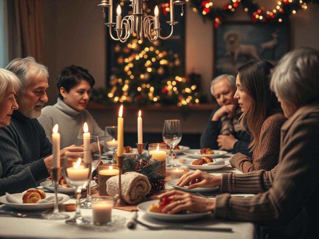 Family gathering enjoying Christmas dinner with candles and holiday decor, highlighting family conne.