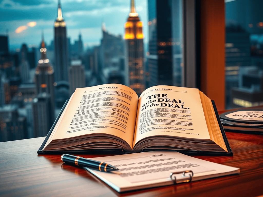 Open book titled "The Art of the Deal" on a desk with city skyline background.