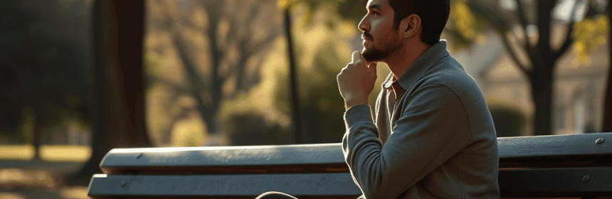 Thoughtful man sitting on park bench contemplating family reconciliation.