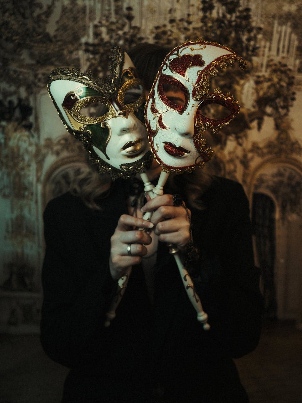 elegant venetian masks in mysterious dark setting