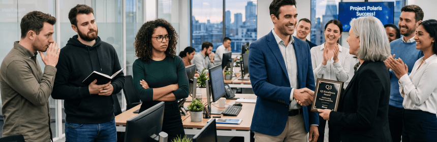 Business team celebrating success and recognition in modern office.