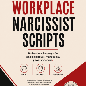 Workplace narcissist scripts poster with keywords for toxic workplace behavior.