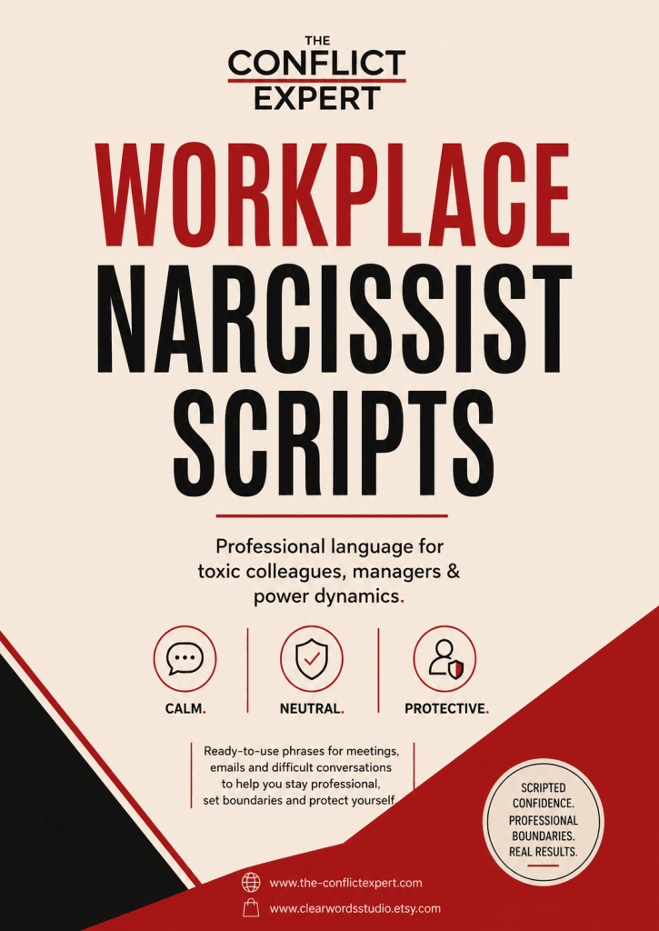 Workplace narcissist scripts poster with keywords for toxic workplace behavior.