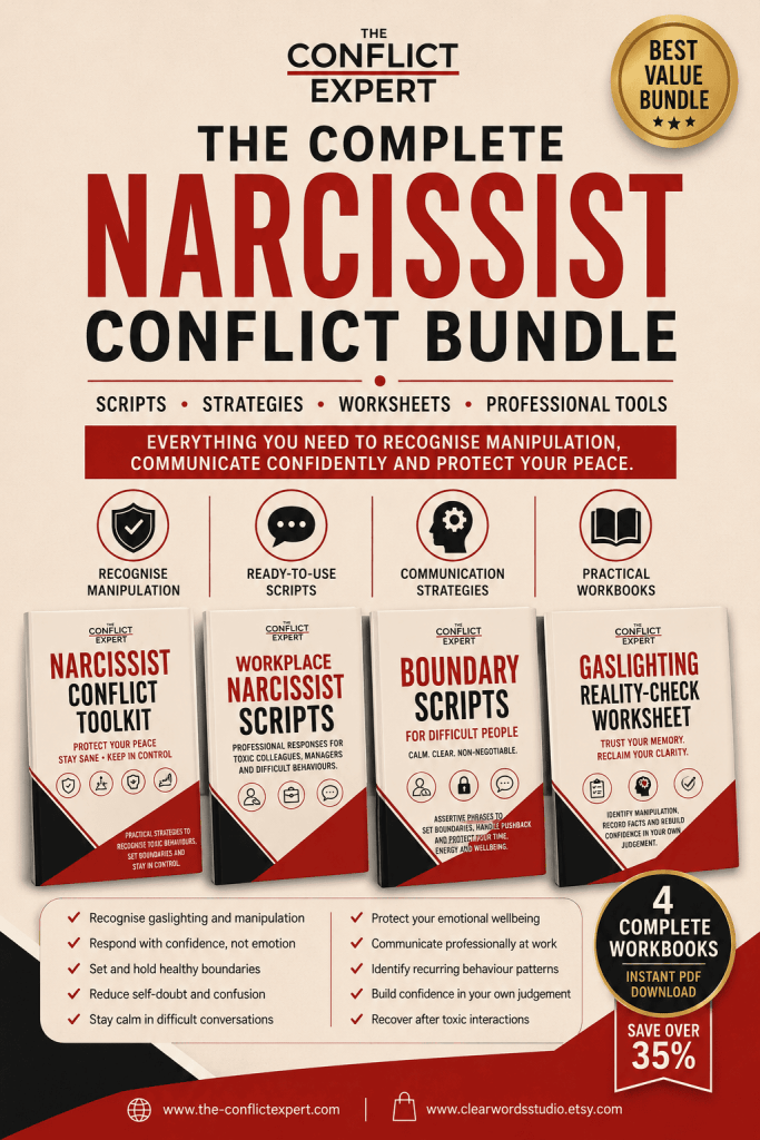 The Conflict Expert Narcissist Conflict Bundle promotional poster with scripts and strategies.