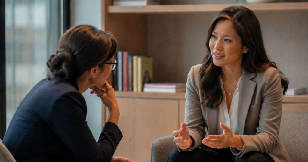 Two women having a professional discussion in an office setting.