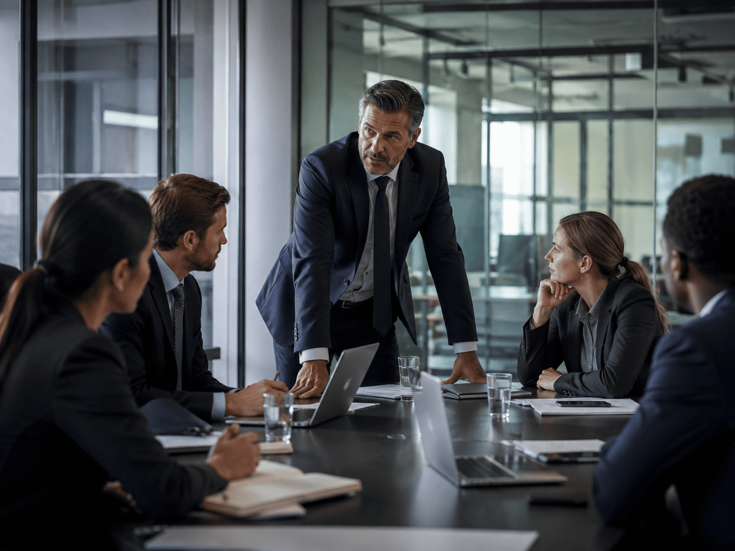 A manager standing over employees in a busy open-plan office, representing narcissistic leadership and return-to-office control