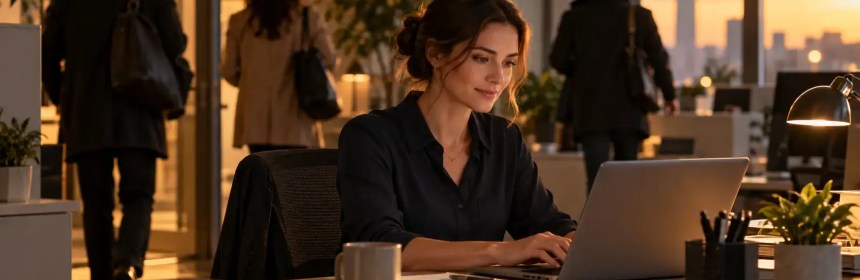 Businesswoman working on laptop in modern office at sunset.